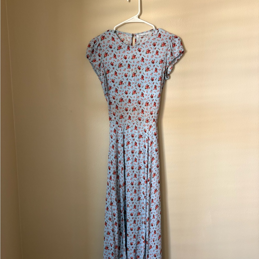 Reformation Light Blue Maxi Dress with Red Floral Print